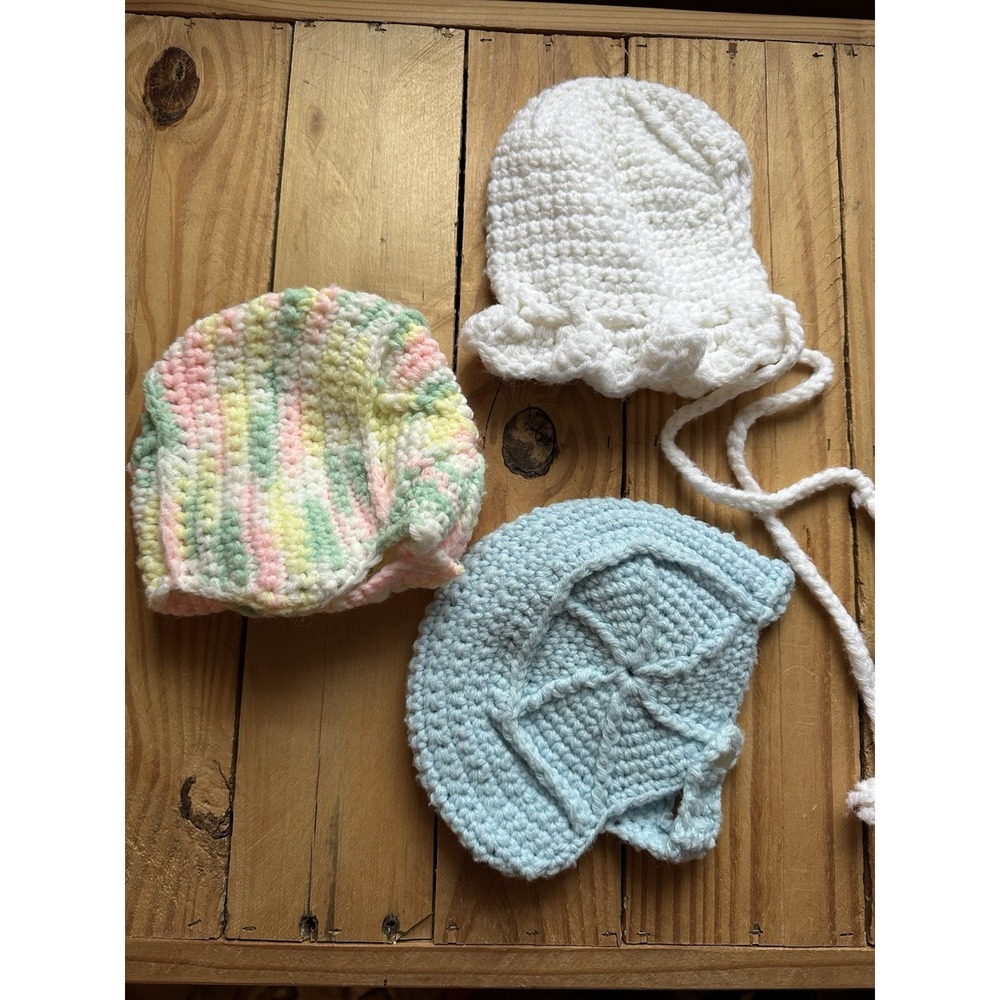 Vtg. Baby Infant Bonnets Hats - Lot Of 3 - White Blue And Multicolor Handmade